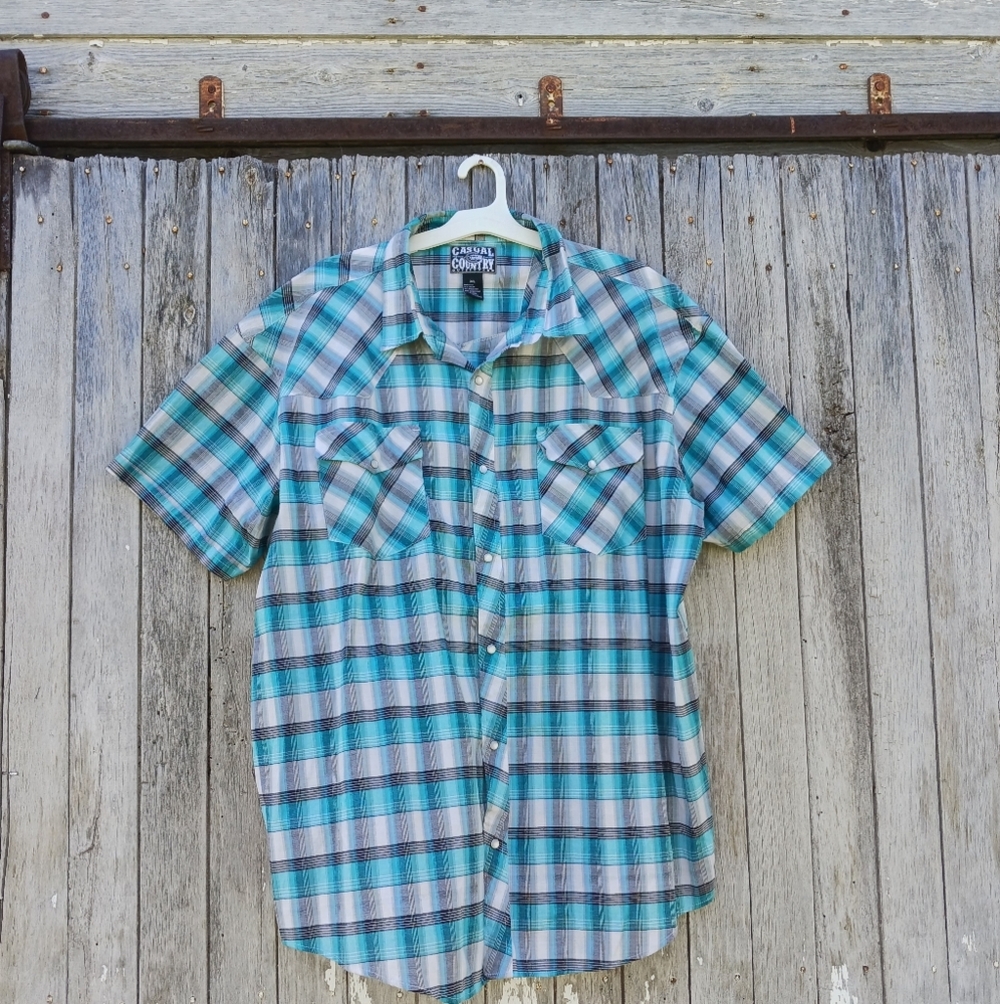 Casual Country Pearl Snap Men’s 4XL Short Sleeve Shirt Blue Black‎ White Plaid